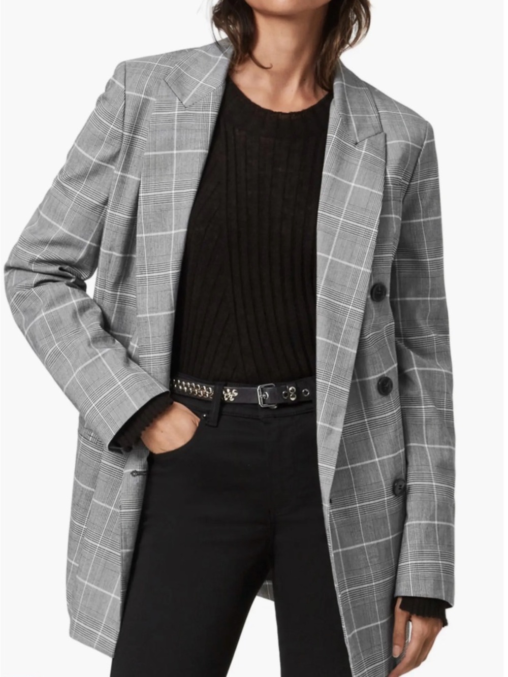 AllSaints Astrid Plaid Double-Breasted Blazer